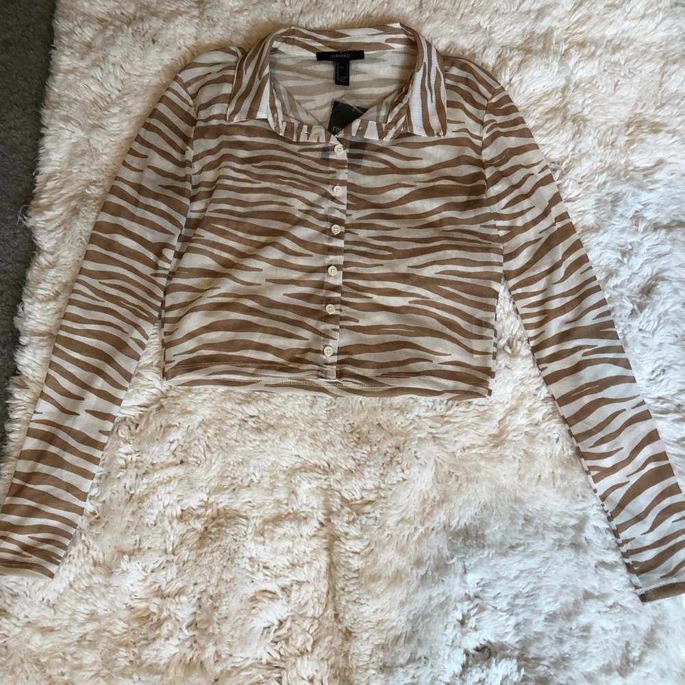 Cropped Zebra Print Mesh Blouse